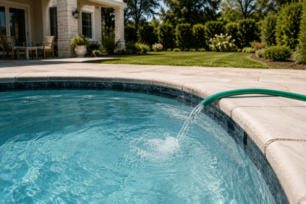 Privater Gartenpool wird mit einem grünen Gartenschlauch über den Poolrand mit klarem Wasser befüllt, im Hintergrund gepflegter Hausgarten an einem sonnigen Sommertag (KI-generiertes Bild, erstellt mit ChatGPT)