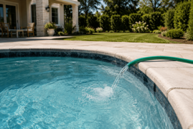 Privater Gartenpool wird mit einem grünen Gartenschlauch über den Poolrand mit klarem Wasser befüllt, im Hintergrund gepflegter Hausgarten an einem sonnigen Sommertag (KI-generiertes Bild, erstellt mit ChatGPT)