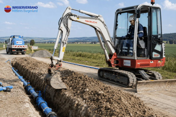 Mitarbeiter des Wasserverbandes bedient einen Minibagger an einer Wasserleitungs-Baustelle; in der offenen Künette liegen blaue Wasserleitungsrohre mit Absperrschiebern, im Hintergrund flache Felder und ein Verbandsfahrzeug (KI-generiertes Bild, erstellt mit ChatGPT) 